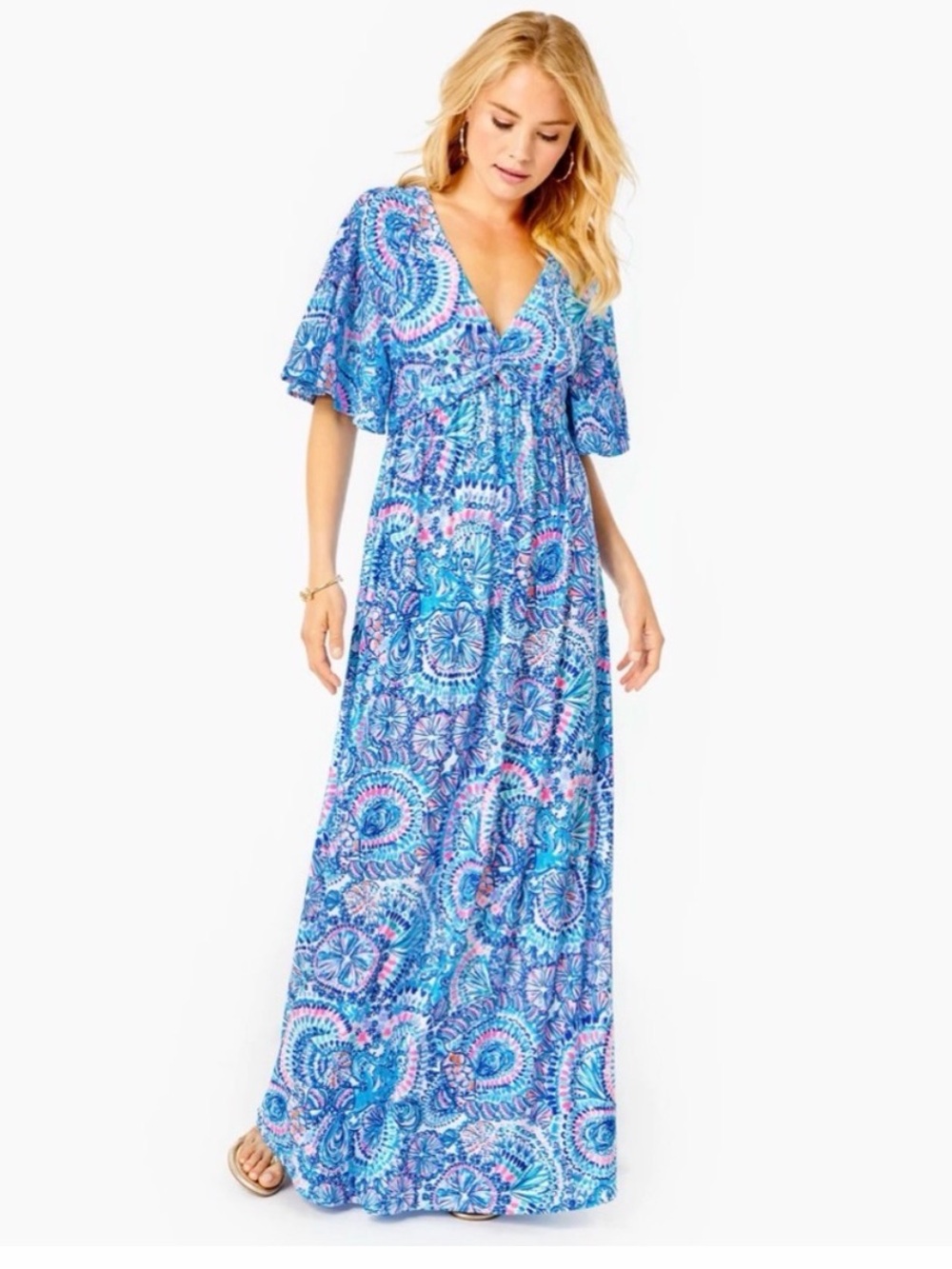 Lilly Pulitzer Minka Sleeved Maxi Dress Blue Grotto Commotions In The Ocean